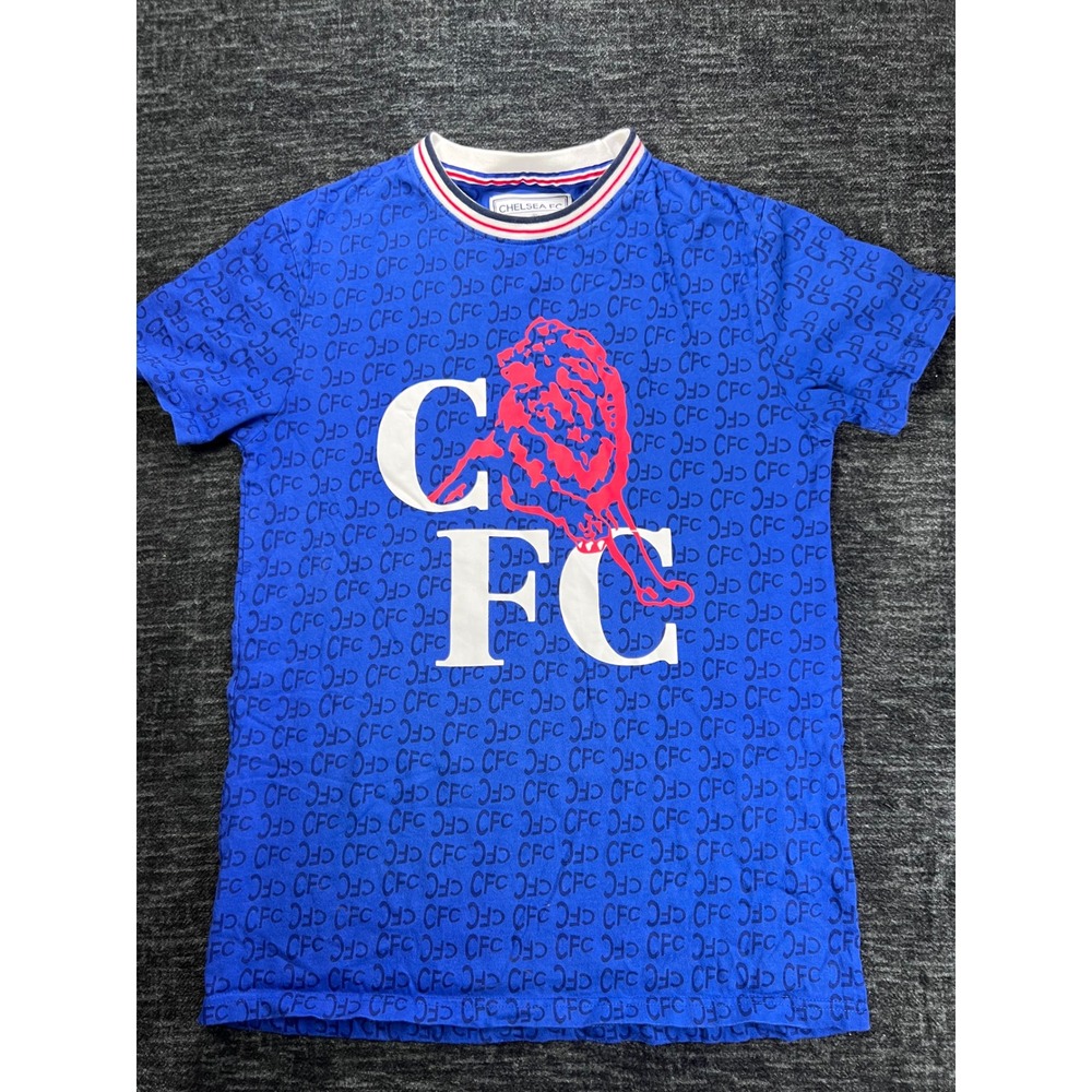 Chelsea FC T-Shirt Mens Small Blue All Over Monogram Print Lion Logo Graphic Tee
